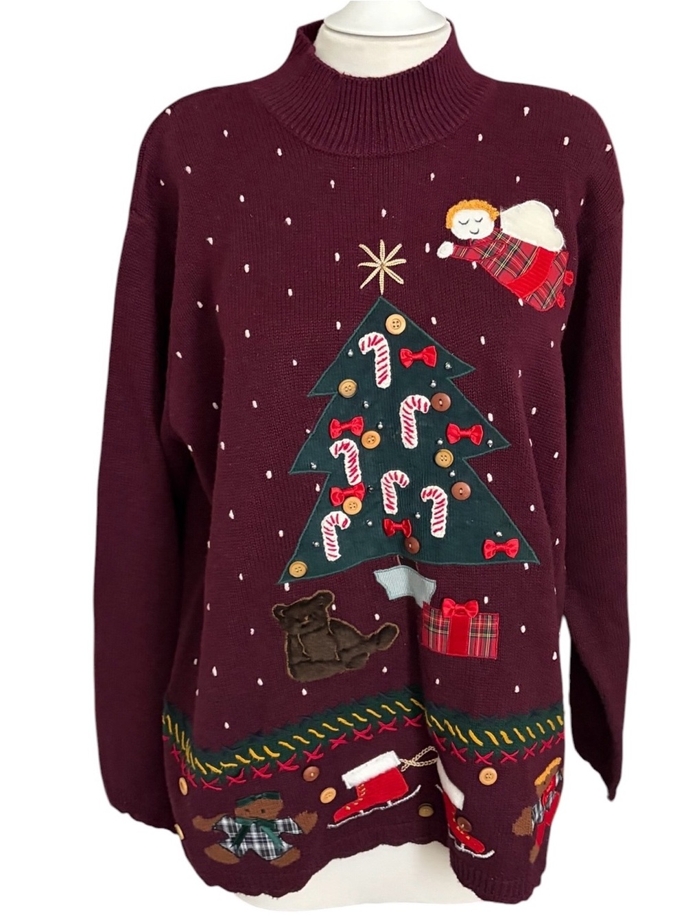 Vintage 1990s Womens Karen Scott Hand Embroidered Christmas Novelty Sweater XL